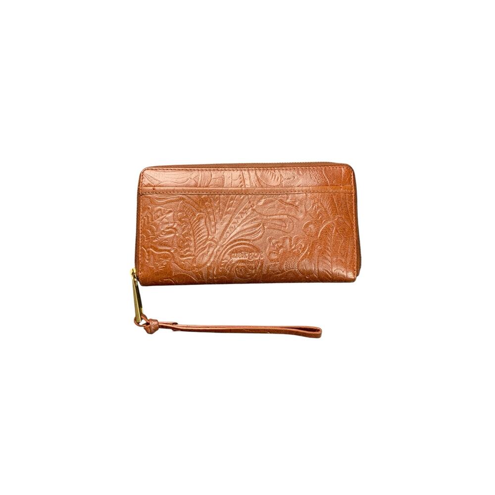 Margot New York Embossed Leather Zip Around Wallet Wristlet Brown Floral -8.5x4